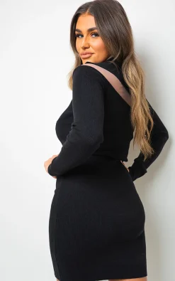 Black Sandra Ribbed Knit High Neck Long Sleeve Mini Dress<IKRUSH Clearance