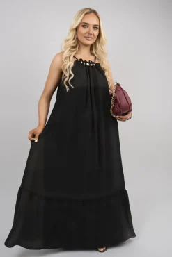 Black Sarai Sleeveless Beaded Halter Neck Maxi Dress with Tiered Hem<IKRUSH Outlet