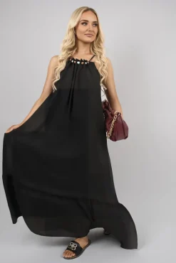 Black Sarai Sleeveless Beaded Halter Neck Maxi Dress with Tiered Hem<IKRUSH Outlet