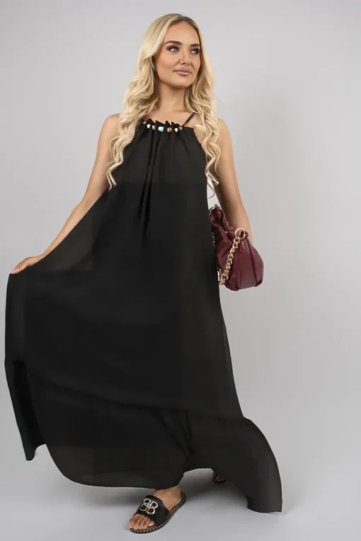 Black Sarai Sleeveless Beaded Halter Neck Maxi Dress with Tiered Hem<IKRUSH Outlet