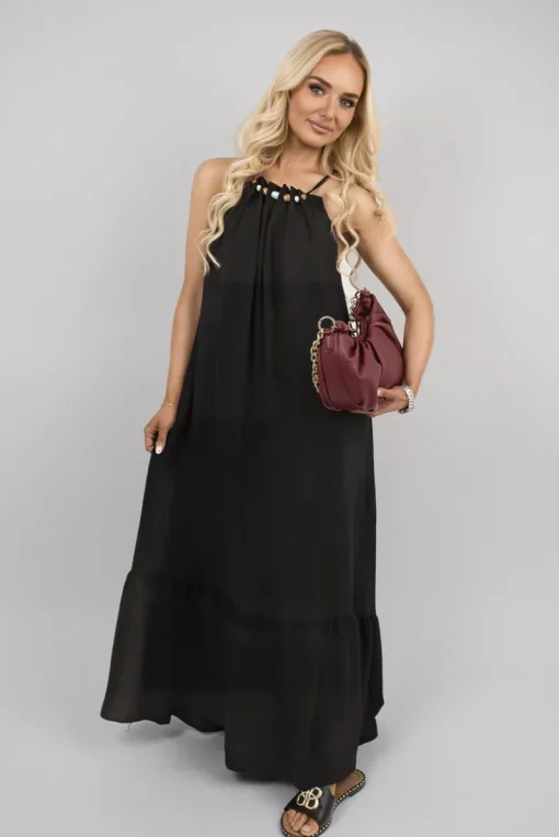 Black Sarai Sleeveless Beaded Halter Neck Maxi Dress with Tiered Hem<IKRUSH Outlet
