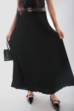 Black Sasha Belted Maxi Length Pleated Skirt<IKRUSH Sale