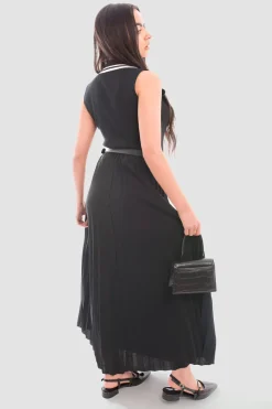 Black Sasha Belted Maxi Length Pleated Skirt<IKRUSH Sale