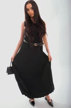 Black Sasha Belted Maxi Length Pleated Skirt<IKRUSH Sale