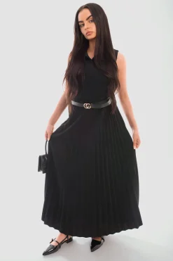 Black Sasha Belted Maxi Length Pleated Skirt<IKRUSH Sale