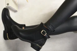 Black Sharon Zip Glittery Back Buckle Ankle Boots<IKRUSH New