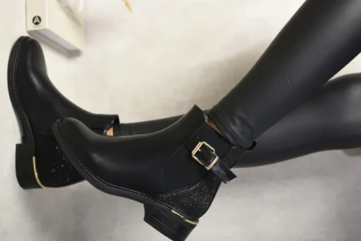 Black Sharon Zip Glittery Back Buckle Ankle Boots<IKRUSH New
