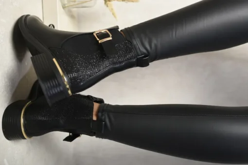 Black Sharon Zip Glittery Back Buckle Ankle Boots<IKRUSH New