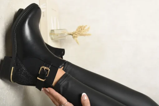 Black Sharon Zip Glittery Back Buckle Ankle Boots<IKRUSH New