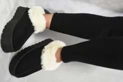 Black Shella Faux Fur Trim Platform Ankle Boots<IKRUSH Clearance