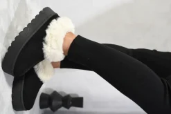 Black Shella Faux Fur Trim Platform Ankle Boots<IKRUSH Clearance