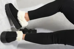 Black Shella Faux Fur Trim Platform Ankle Boots<IKRUSH Clearance
