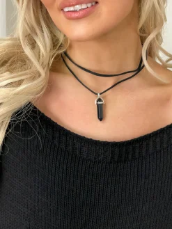 Black Skyla Double Strap Drop Pendant Choker Necklace<IKRUSH Sale