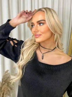 Black Skyla Double Strap Drop Pendant Choker Necklace<IKRUSH Sale