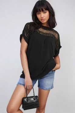 Black Sylvia Lace Insert Round Neck Hollow Top<IKRUSH Best