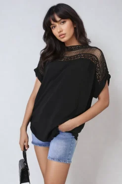 Black Sylvia Lace Insert Round Neck Hollow Top<IKRUSH Best