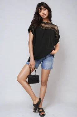 Black Sylvia Lace Insert Round Neck Hollow Top<IKRUSH Best