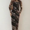 Black Sylvia Printed Mesh Long Sleeve Midi Dress<IKRUSH New
