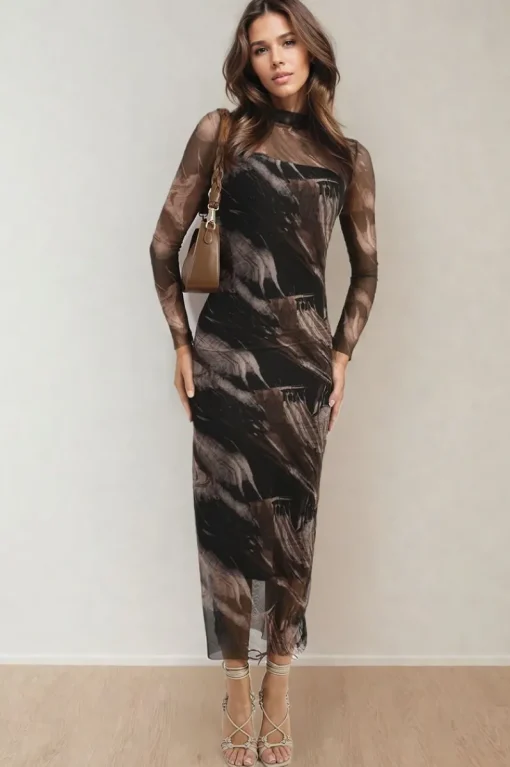 Black Sylvia Printed Mesh Long Sleeve Midi Dress<IKRUSH New