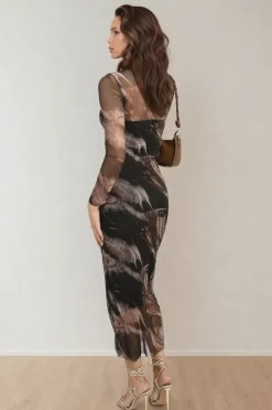 Black Sylvia Printed Mesh Long Sleeve Midi Dress<IKRUSH New