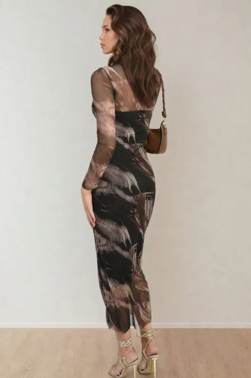 Black Sylvia Printed Mesh Long Sleeve Midi Dress<IKRUSH New