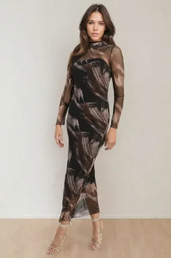 Black Sylvia Printed Mesh Long Sleeve Midi Dress<IKRUSH New