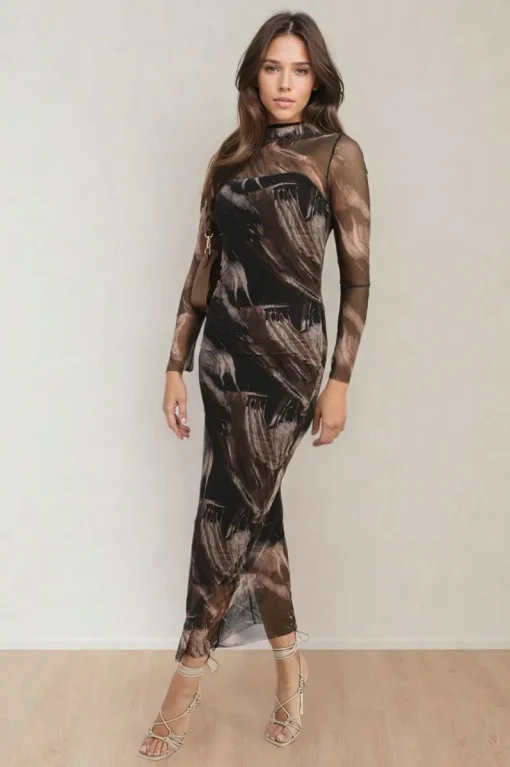 Black Sylvia Printed Mesh Long Sleeve Midi Dress<IKRUSH New
