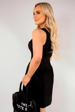 Black Tahlia Sleeveless Square Neck Pleated Mini Dress with Gold Button Detail<IKRUSH Online