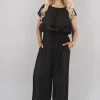 Black Tawnie Off Shoulder Flared Wide Leg Jumpsuit with Ruffle Detail<IKRUSH Sale