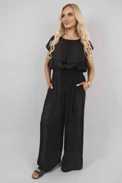 Black Tawnie Off Shoulder Flared Wide Leg Jumpsuit with Ruffle Detail<IKRUSH Sale