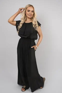 Black Tawnie Off Shoulder Flared Wide Leg Jumpsuit with Ruffle Detail<IKRUSH Sale