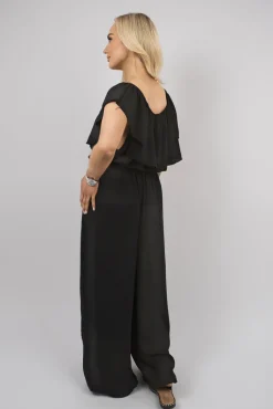 Black Tawnie Off Shoulder Flared Wide Leg Jumpsuit with Ruffle Detail<IKRUSH Sale