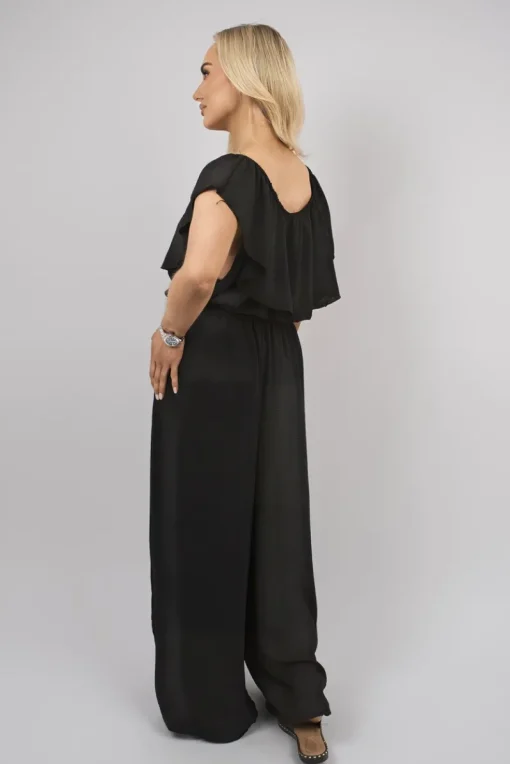 Black Tawnie Off Shoulder Flared Wide Leg Jumpsuit with Ruffle Detail<IKRUSH Sale