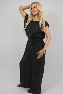 Black Tawnie Off Shoulder Flared Wide Leg Jumpsuit with Ruffle Detail<IKRUSH Sale