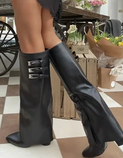 Black Taylah Pointed Toe Fold-Over Knee High Boots<IKRUSH Outlet