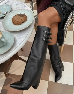 Black Taylah Pointed Toe Fold-Over Knee High Boots<IKRUSH Outlet