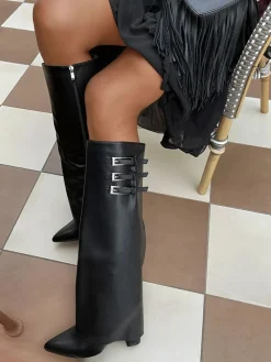 Black Taylah Pointed Toe Fold-Over Knee High Boots<IKRUSH Outlet