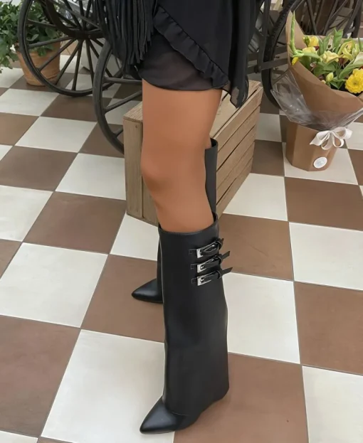 Black Taylah Pointed Toe Fold-Over Knee High Boots<IKRUSH Outlet