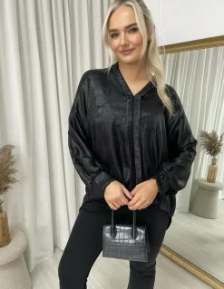 Black Teresa Metallic V-Neck Oversized Top<IKRUSH Best