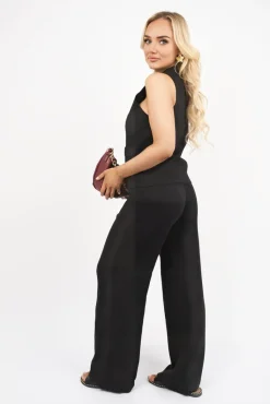 Black Valeria V Neck Sleeveless with Pocket Detail Top and Wide Leg Trousers Co-ord Set<IKRUSH Online