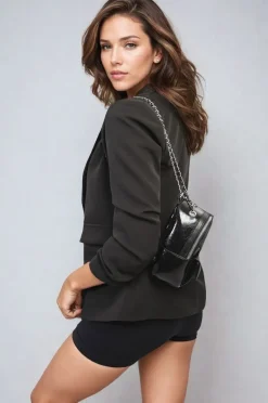 Black Valerie Ruched Sleeve Open Front Blazer Jacket with Front Pockets<IKRUSH Best