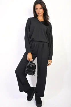 Black Vera V-neck Long Sleeve Top and Wide Leg Pants Co-ord Set<IKRUSH New