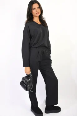 Black Vera V-neck Long Sleeve Top and Wide Leg Pants Co-ord Set<IKRUSH New
