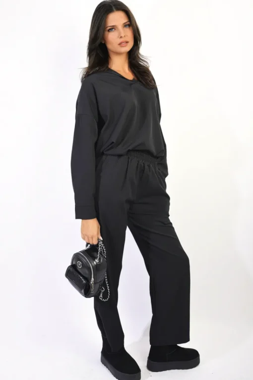Black Vera V-neck Long Sleeve Top and Wide Leg Pants Co-ord Set<IKRUSH New