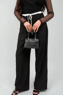 Black Vivian Double Waist Band Drawstring Wide Leg Trousers<IKRUSH Outlet