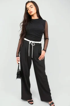 Black Vivian Double Waist Band Drawstring Wide Leg Trousers<IKRUSH Outlet