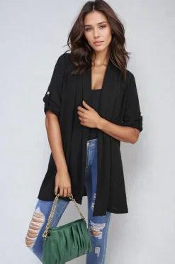 Black Vivian Open Front Roll Up Sleeve Cardigan<IKRUSH Online