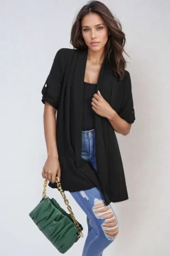 Black Vivian Open Front Roll Up Sleeve Cardigan<IKRUSH Online