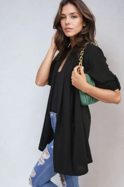 Black Vivian Open Front Roll Up Sleeve Cardigan<IKRUSH Online