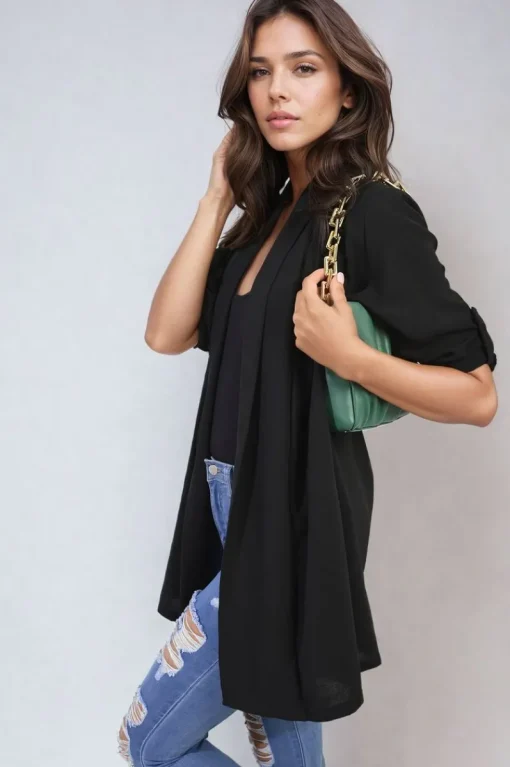 Black Vivian Open Front Roll Up Sleeve Cardigan<IKRUSH Online